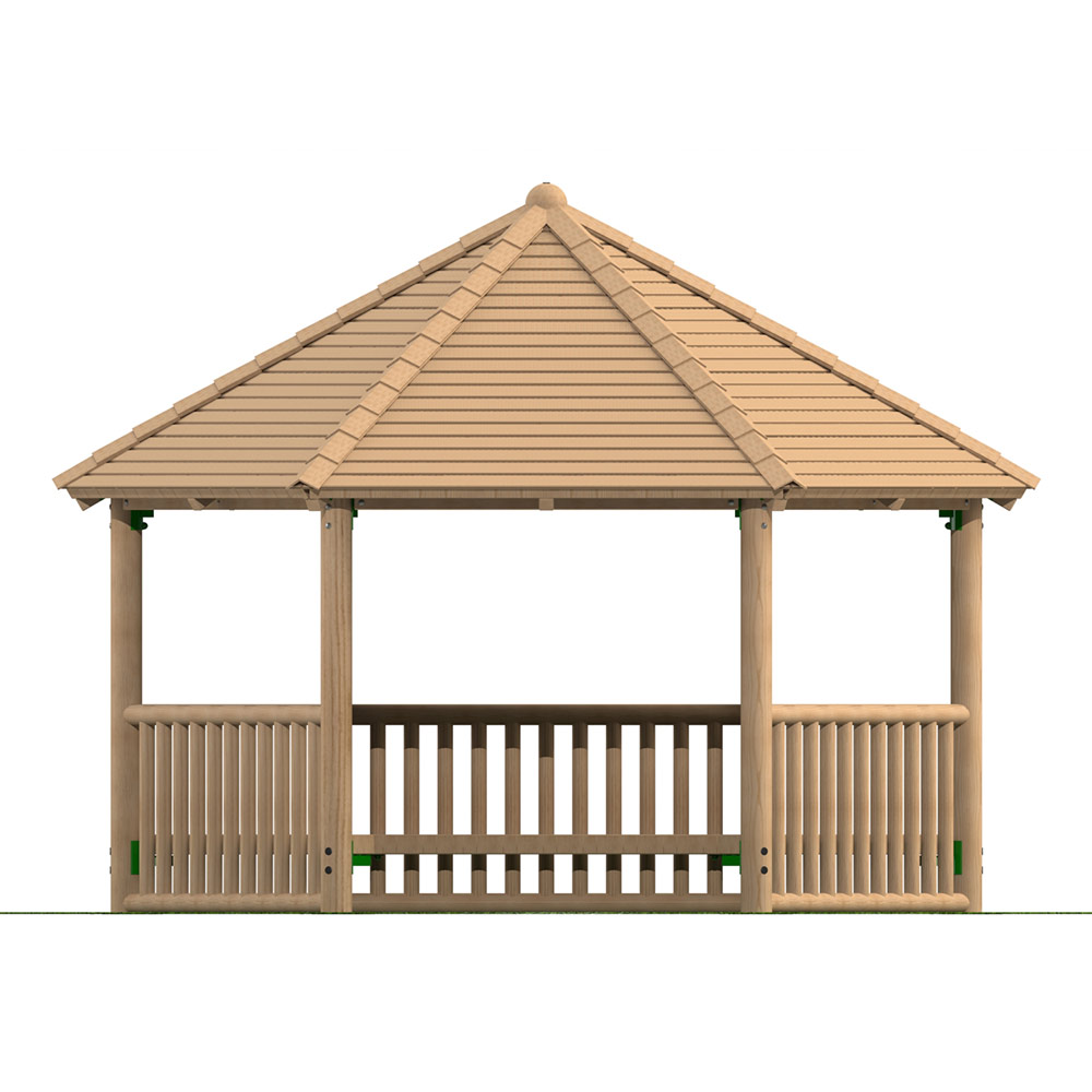 4m Hexagonal Timber Shelter with Seating and Balistrade Sides 4m Hexagonal Timber Shelter with Seating and Balistrade Sides