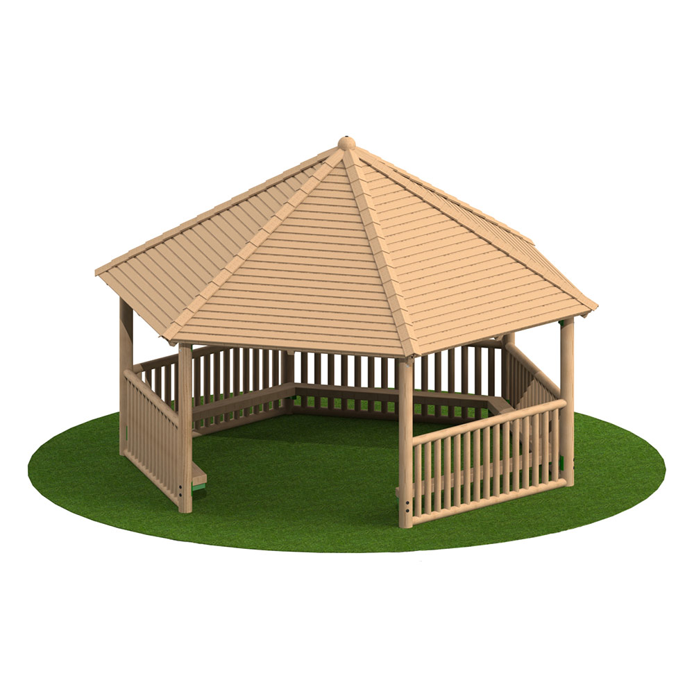 5m Hexagonal Timber Shelter with Seating and Balistrade Sides 5m Hexagonal Timber Shelter with Seating and Balistrade Sides