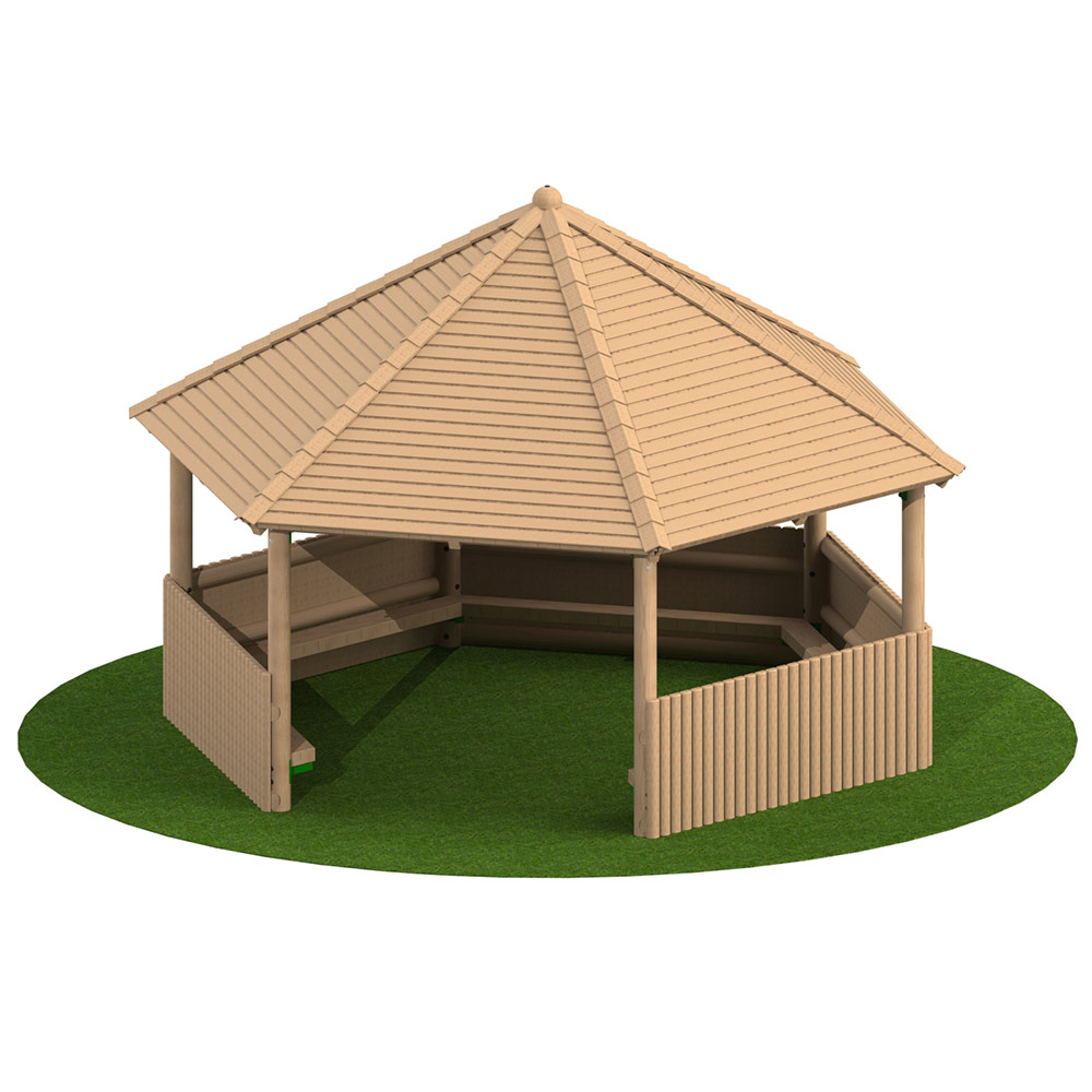 5m Hexagonal Timber Shelter with Seating and Half Clad Sides 5m Hexagonal Timber Shelter with Seating and Half Clad Sides