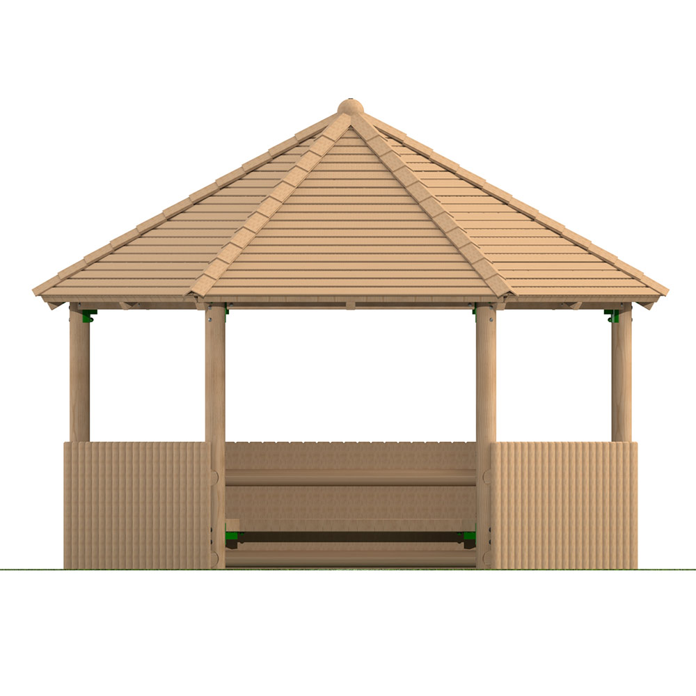 4m Hexagonal Timber Shelter with Seating and Half Clad Sides 4m Hexagonal Timber Shelter with Seating and Half Clad Sides