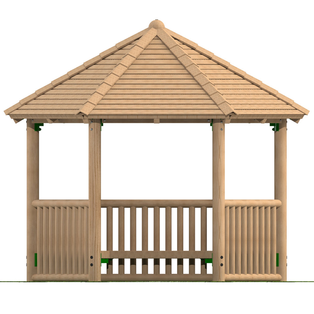 3m Hexagonal Timber Shelter with Seating and Balistrade Sides 3m Hexagonal Timber Shelter with Seating and Balistrade Sides